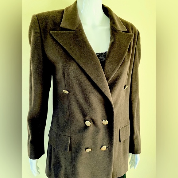 Dark chocolate brown wool blazer double breasted double collar gold buttons US 8 - Picture 11 of 16